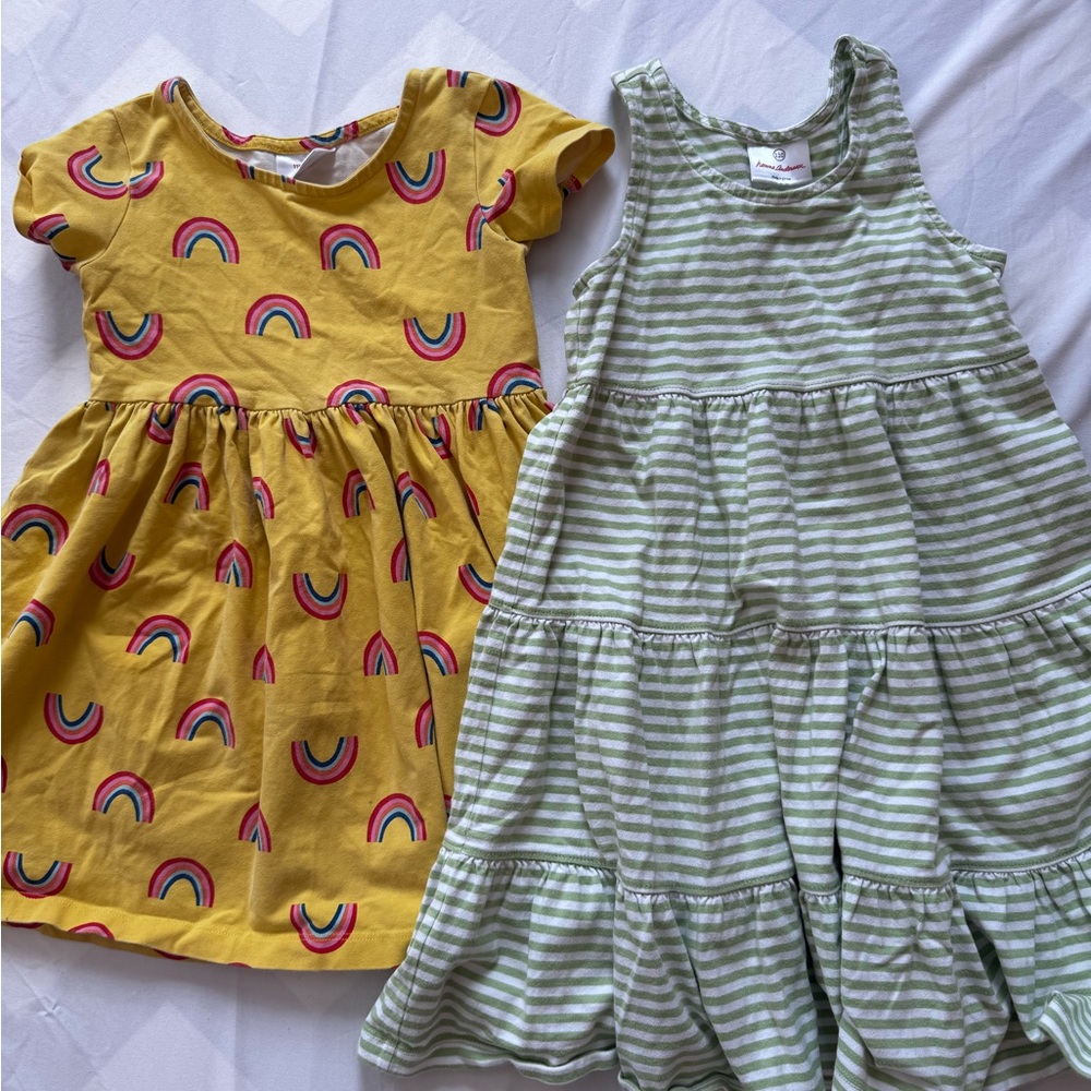 Size 110/ 5 Girls Hanna Andersson Yellow Rainbow and Green Striped Dress Set